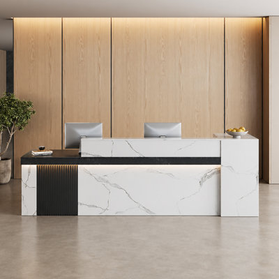 Modern Marble-Look Reception Desk with LED Lighting, Built-In Power Outlets, Lockable Drawers and Mobile Cabinet