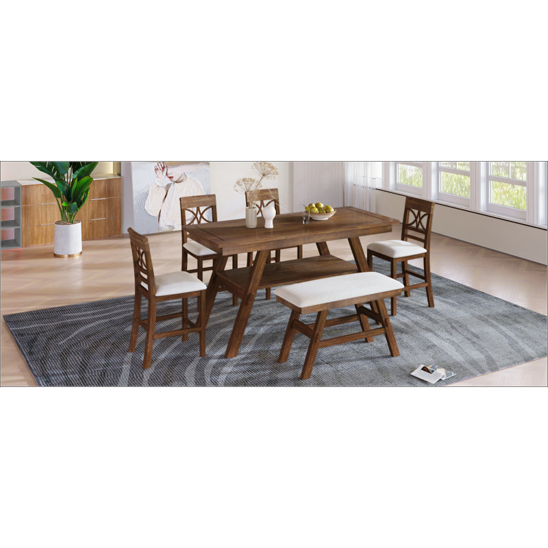 Ensemble de salle à manger à hauteur de comptoir rustique avec tablette de rangement, table en bois 6 pièces, banc et 4 chaises pour sièges flexibles