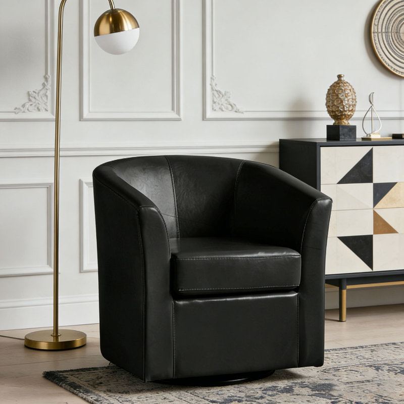Faux Leather Swivel Barrel Chair, Noir