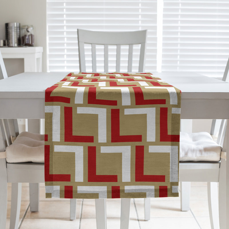 Chemin de table géométrique, Rouge / blanc / or, 90 po x 16 po, polyester