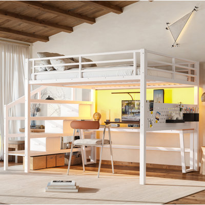 Queen Size Metal Loft Bed with Storage Stairs and Movable Desk with USB, White/Black Metal Loft Bed Frame with 3 Fabric Drawers and LED, Full-Length Guardrail and Pegboard for Kids Teens, White