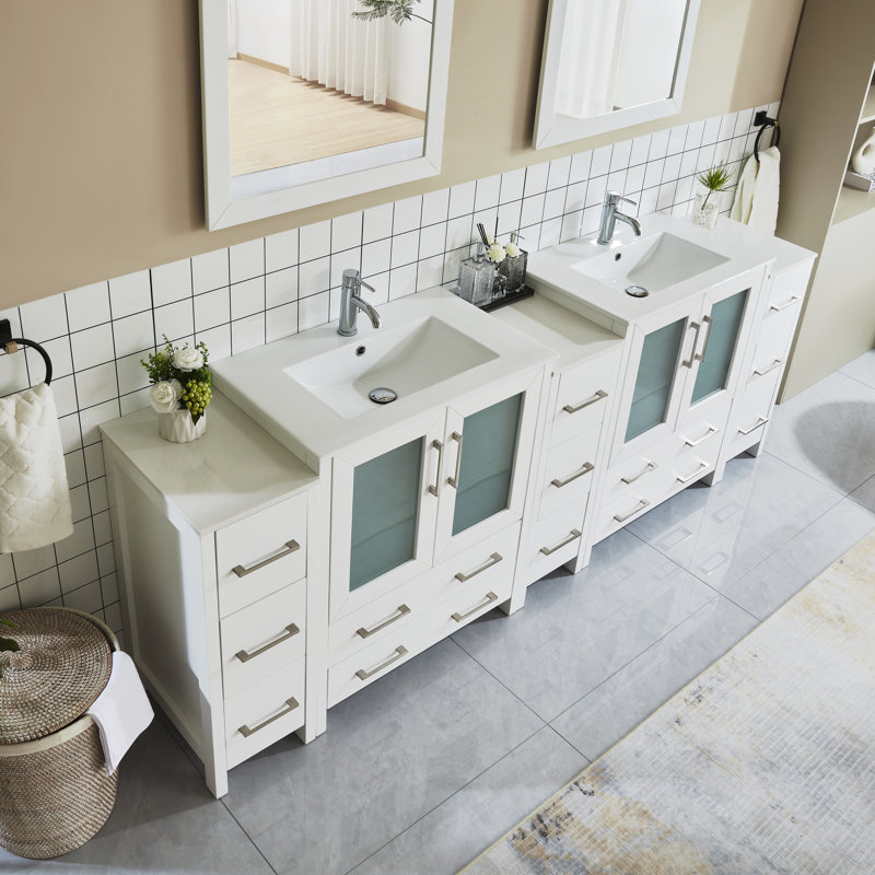 Karson 96'' Double Bathroom Vanity with Ceramic Top with Mirror, White