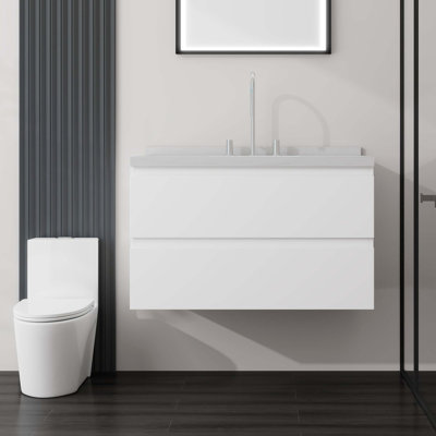Meuble-lavabo flottant avec comptoir en marbre de culture et tiroir à fermeture en douceur