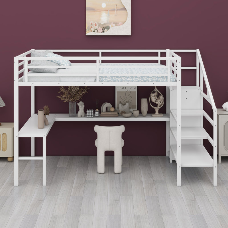 Structure de lit mezzanine avec bureau en L, garde-robe, étagères réglables, ports USB et lumières DEL