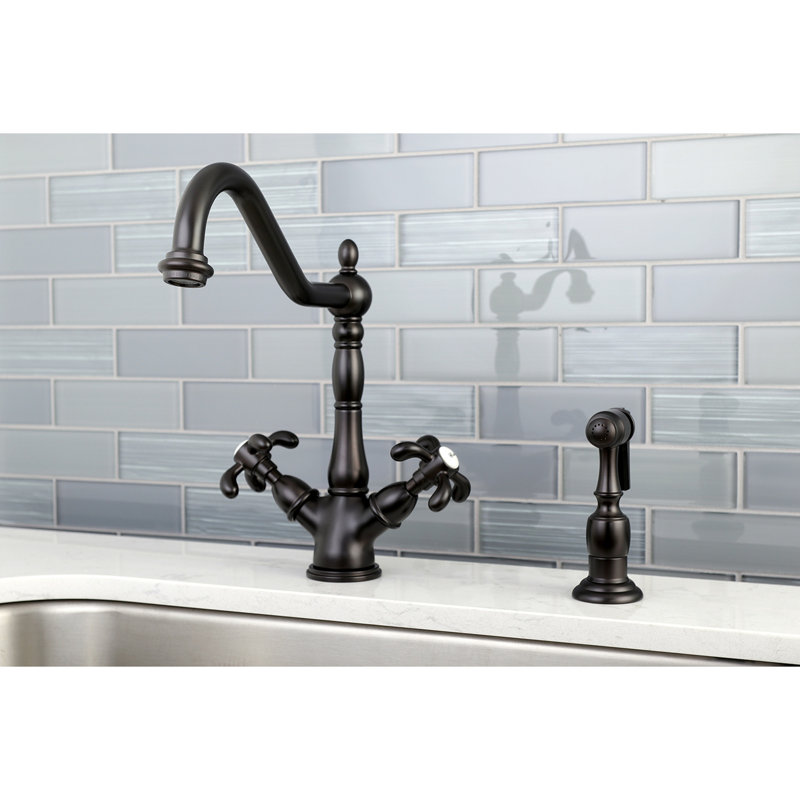 Kingston Brass French Country Two-Handle 2-or-4 Hole Deck Mount Kitchen Faucet with Brass Sprayer, Oil Rubbed Bronze