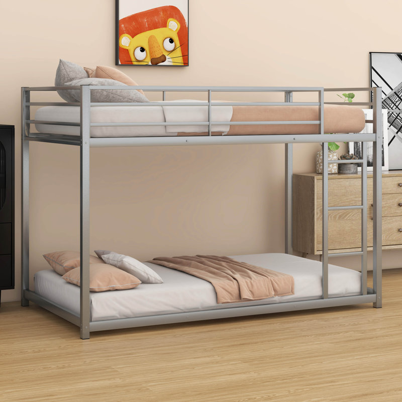 Metal Twin Over Twin Low Bunk Bed With Ladder And Full Length Guardrail, Silver