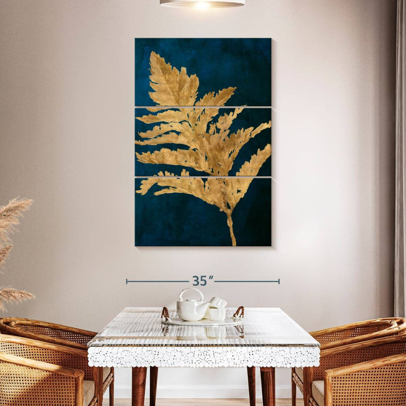 Harnek, feuilles d'or sur bleu marine I, H 50 po x l 32 po