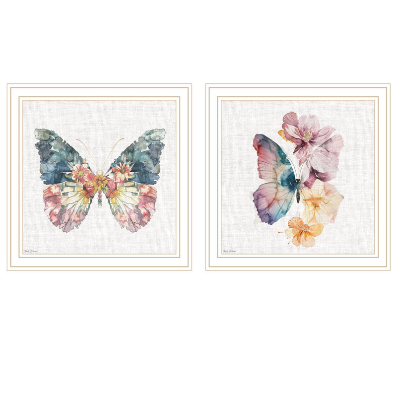 "Émergence de papillon en vol" 2 pièces par Nicole Decamp, reproduction encadrée prête à accrocher, cadre blanc