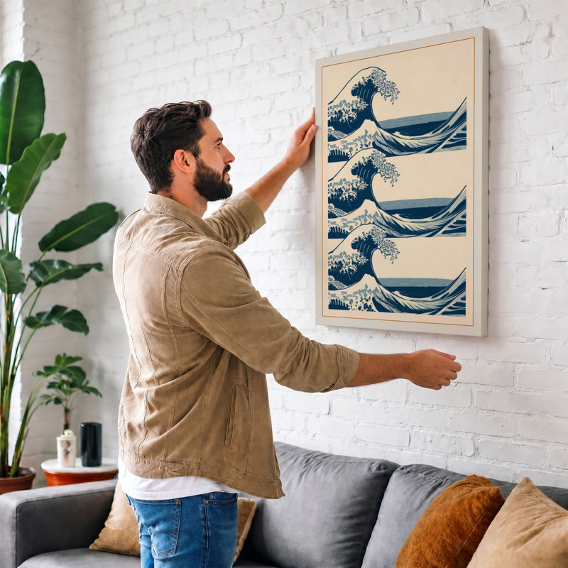 Great Wave Triptych Japandi - Wrapped Canvas, 24x16 - 61.0 x 40.6 cm, Taupe Border