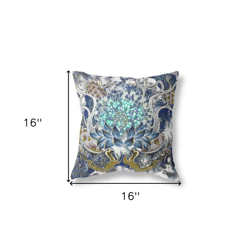 Zippered Suede Geometric Throw Pillow, Blue/White/Green Floral, 16"H x 16"W