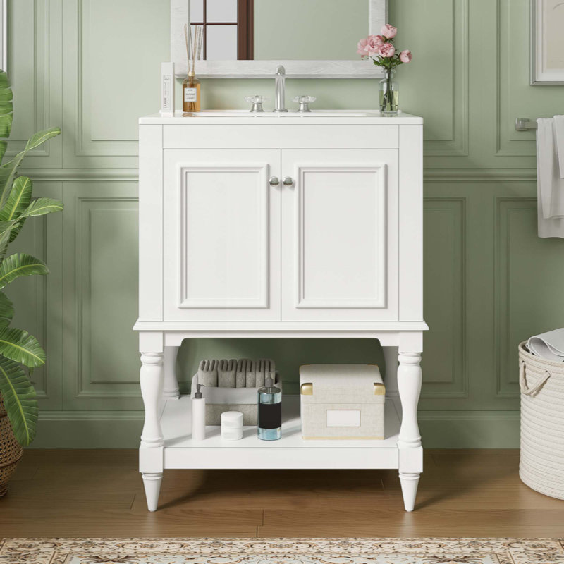 Meuble-lavabo moderne de luxe avec lavabo en céramique, armoire de salle de bain avec tablette ouverte et rangement fermé (robinet non inclus)