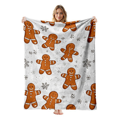 Plaid de Noël en flanelle polaire JYK, léger, respirant, doux et chaud en microfibre pelucheuse, 76 x 102 cm, motif bonhommes en pain d'épices et neige