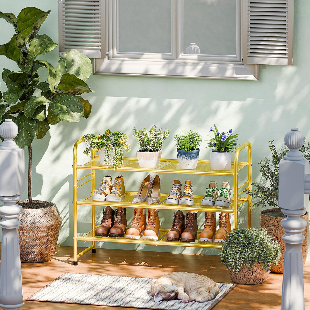 32'' Wide 3-Tier Metal Mesh Shoe Rack for Closet, Stackable and Adjustable, Good for High Heels Hokku Designs 