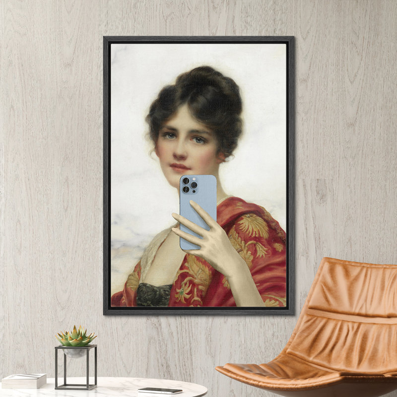 «Portrait de femme avec téléphone», H 24 po x l 16 po, Cadre flottant noir