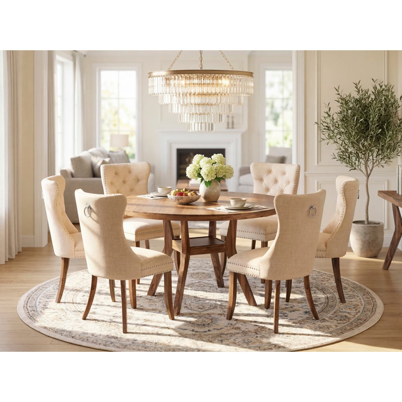 Ensemble de table de cuisine 7 pièces en polyester 6 chaises de cuisine beige clair, dossier capitonné et une table ronde de 54 po au fini noyer antique.