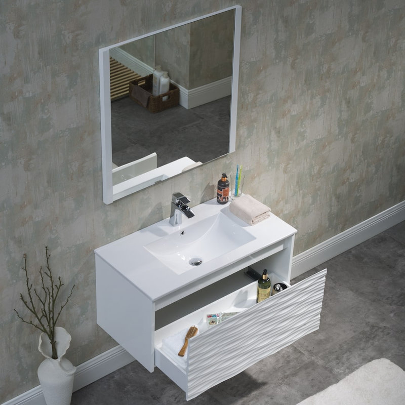Meuble-lavabo flottant mural 36 po en blanc - Fabrication entièrement en bois avec lavabo en céramique intégré, Blanc