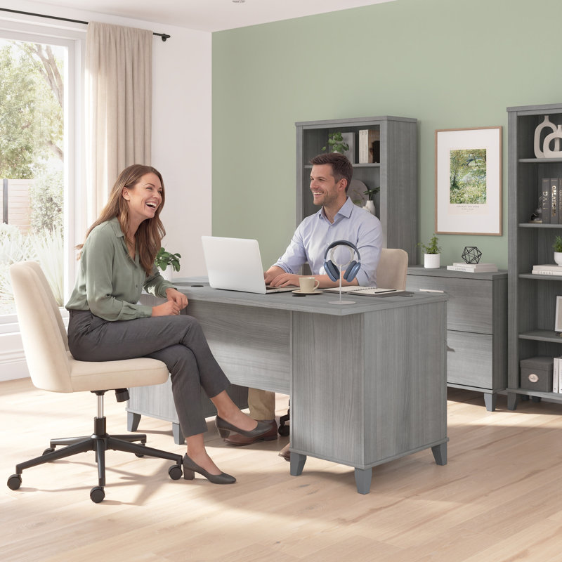 Kaionna 60” Office Desk with Drawers, Computer Office Desk with Storage, Modern Wood, Platinum Gray, Platinum Gray