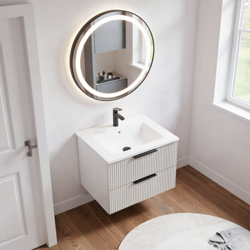 Meuble-lavabo flottant avec lavabo et tiroirs en céramique, Gris antique, 24"