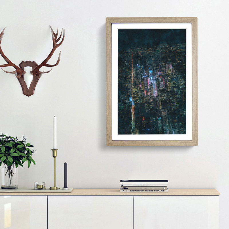 New York City at Night 1 Piece Single Picture Frame Wall Art on MDF, 33cm H x 24cm W x 2cm D, Oak Framed
