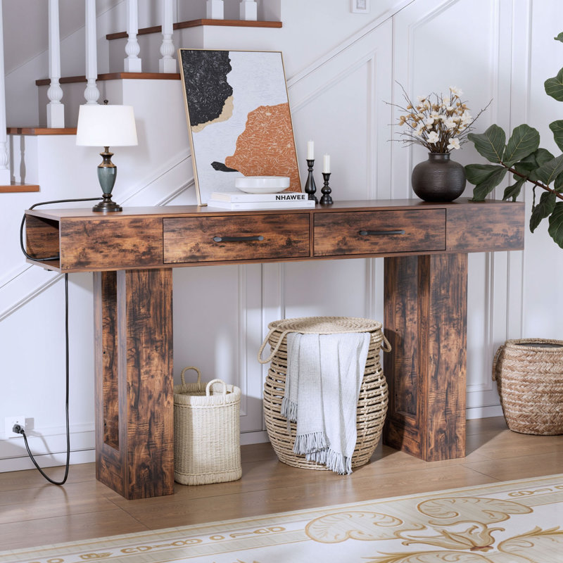 Console rectangulaire en bois de style campagnard de 63 po, derrière le canapé, Brun