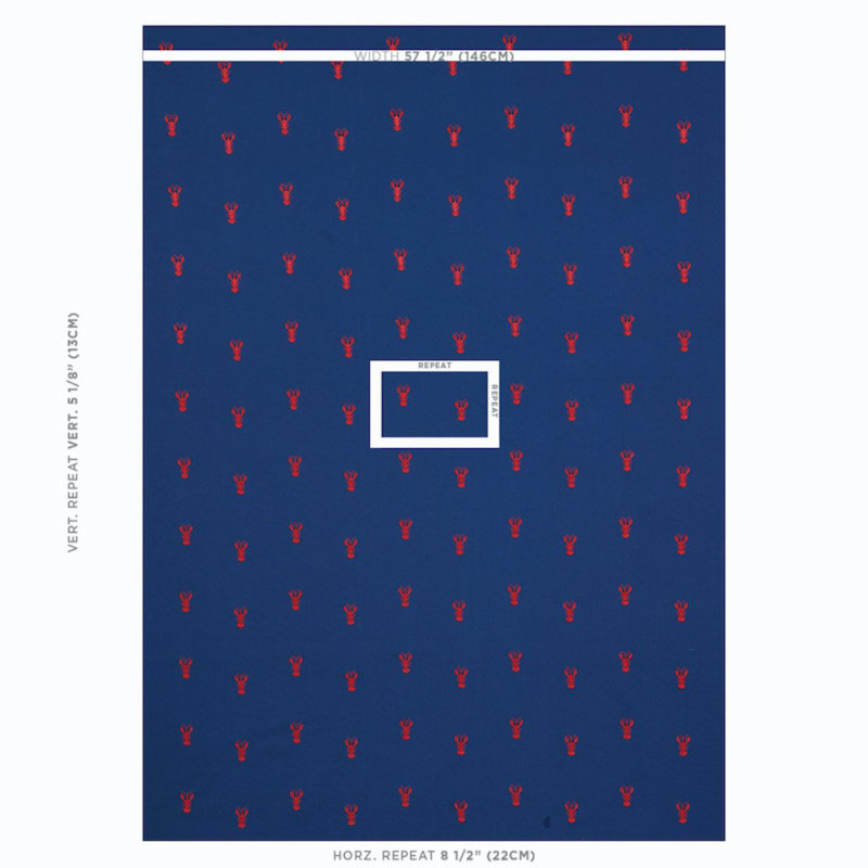 Lobster Embroidery Fabric, Blue/ Dark Blue/ White