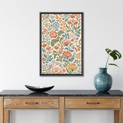 Vintage Inspired Floral Pattern Garden Design Wall Art Decor Framed On Canvas Print