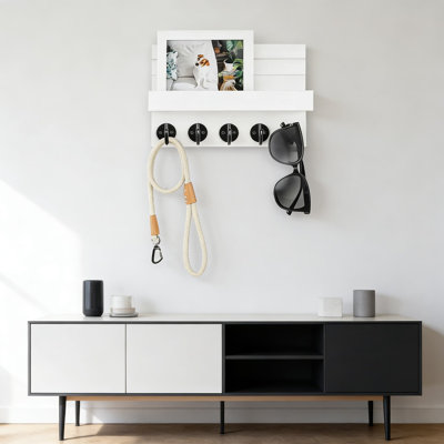 Porte-clés mural avec tablette, organisateur de vestibule décoratif pour clés, courrier, manteaux et sacs, porte-clés en bois robuste avec grands crochets et quincaillerie de fixation