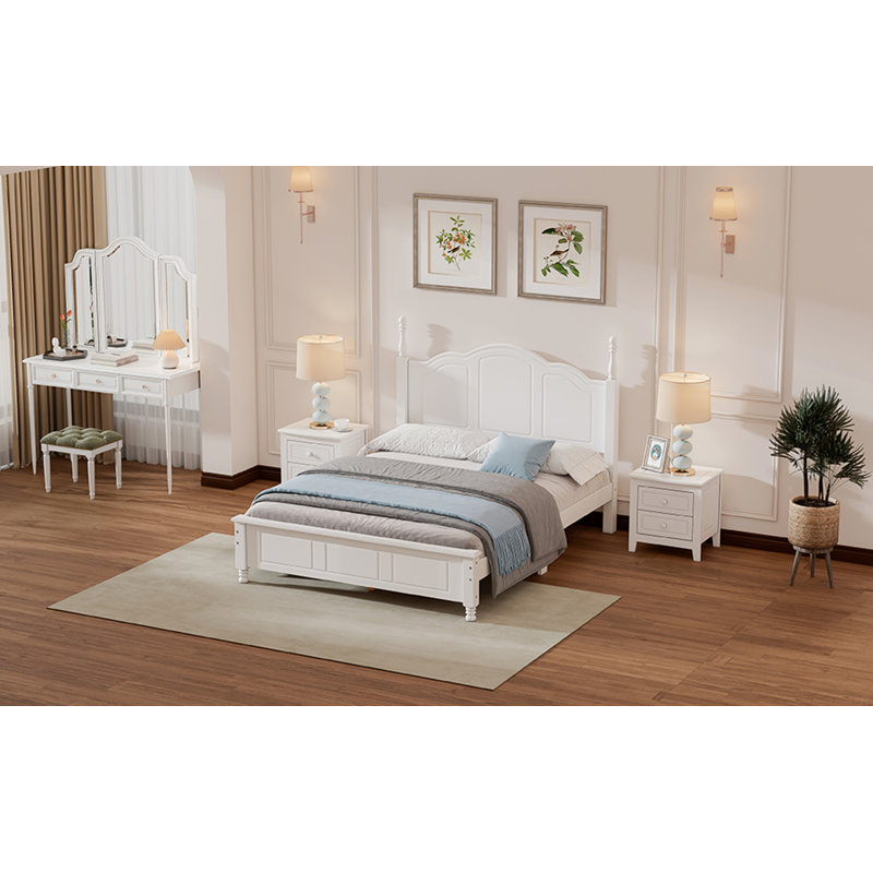 Ensemble de chambre à coucher 3 pièces, lit plateforme en bois et deux tables de chevet, Double, Blanc