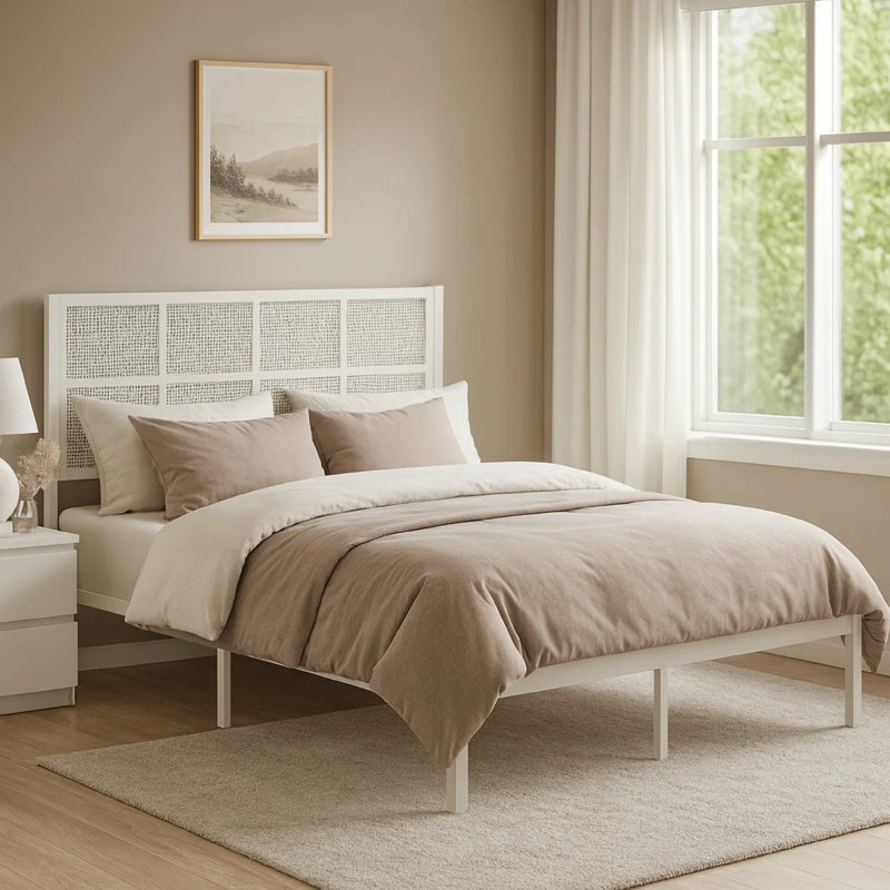 Lit plateforme grand Annie avec tête de lit en fausse canne blanche Annie