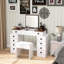Bureau de meuble-lavabo avec DEL à intensité variable et rangement abondant. 10 tiroirs, blanc et noyer. Miroir pliable pour économiser de l'espace. Tabouret Cozy Confortable