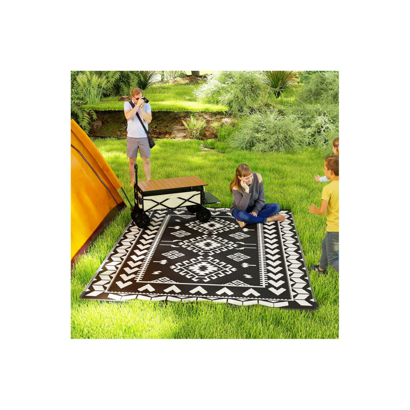Outsunny Outdoor Patio Rug, Large Camping Carpet With Carrying Bag, 8' X 10' Waterproof Plastic Straw, Reversible, Black & White Rhombus Patchwork
