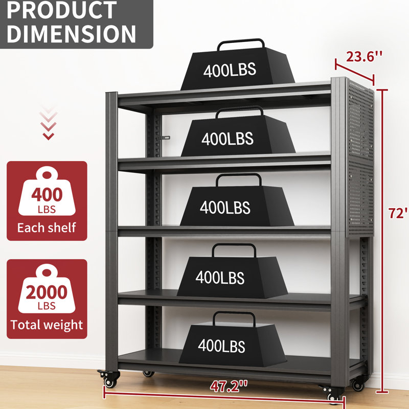 Tablette de rangement robuste en métal H 72 po à 5 niveaux avec roulettes verrouillables, hauteurs personnalisables, l 47,2 po, idéale pour entreposer des tablettes réglables de l 47,2 po, capacité de 2 000 lb