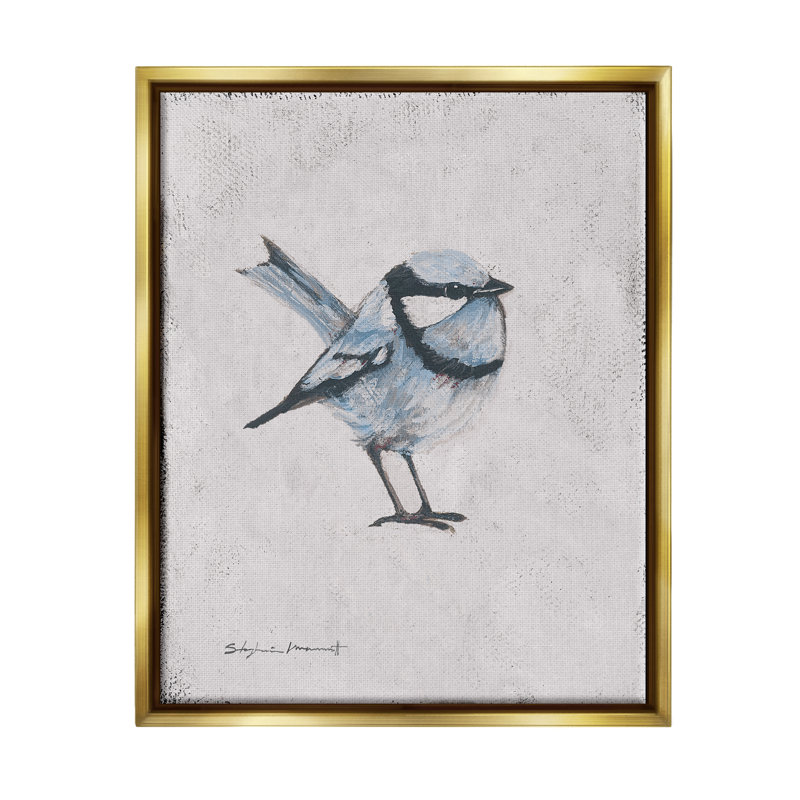 Oiseau Wren - peinture, H 21 po x l 17 po x P 1,7 po, Cadre flottant métallique doré