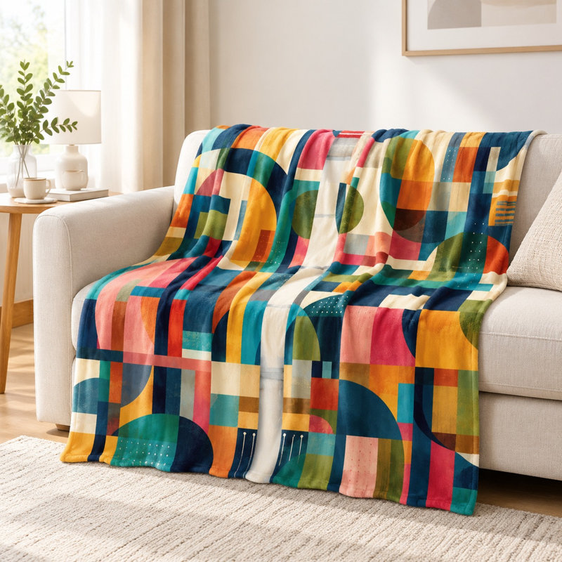Geometric Abstract Throw Blanket - Vibrant Colorful Shapes, Modern Art Design, Lightweight, Breathable, All-Season, Skin-Friendly, Machine Washable, Decorative, for Sofa, Couch, Living Room and Bedroom
