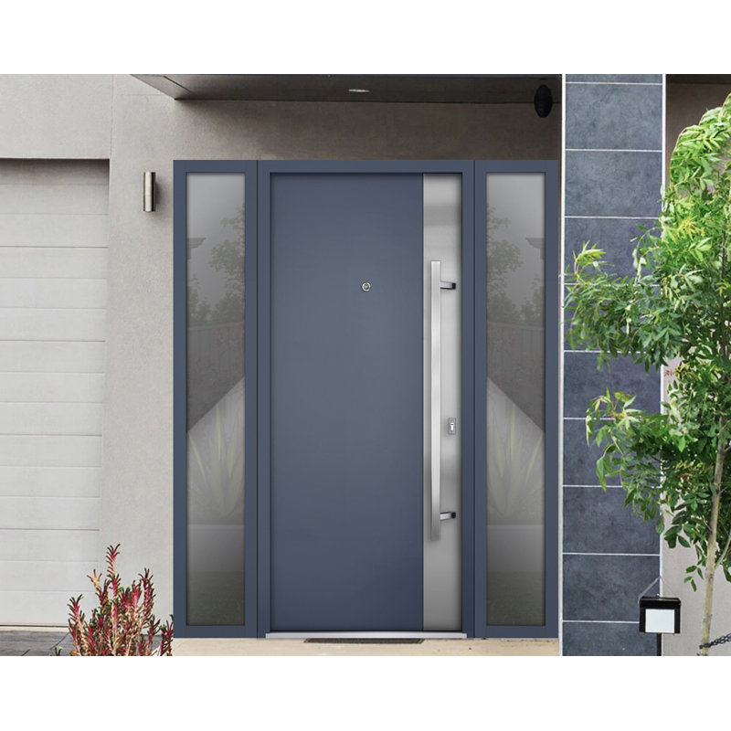 Porte avant en acier pré-suspendue à l'avant / deux graphites gris 0729/2 fenêtres extérieures latérales / inserts en acier inoxydable simples peints modernes - l 12 + 36 + 12 po x H 80 po - Gauche