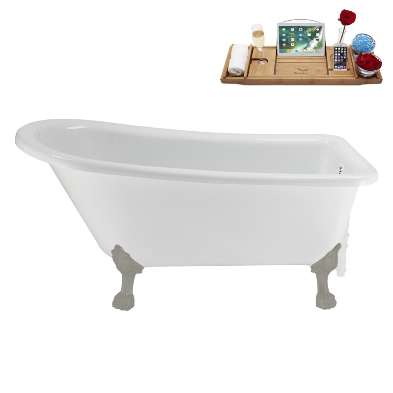 58" Streamlin Clawfoot Tub,Tray,Drain, Clawfeet, Brushed Gun Metal, Glossy White
