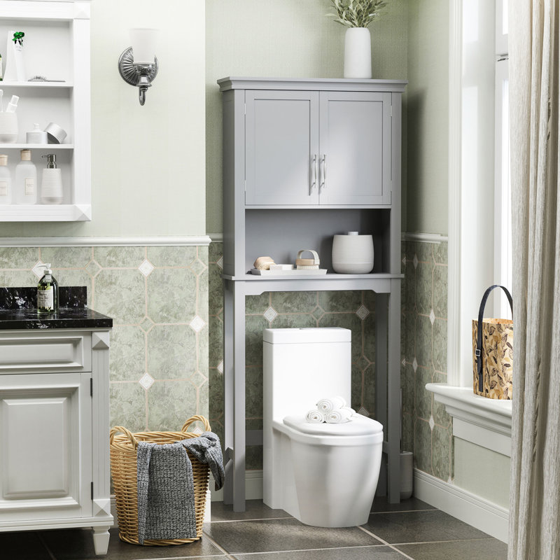 Rangement de salle de bain gris avec rangement réglable pour salle de bain à double porte avec tablette réglable et espace ouvert pour porte de shampooing, intérieur