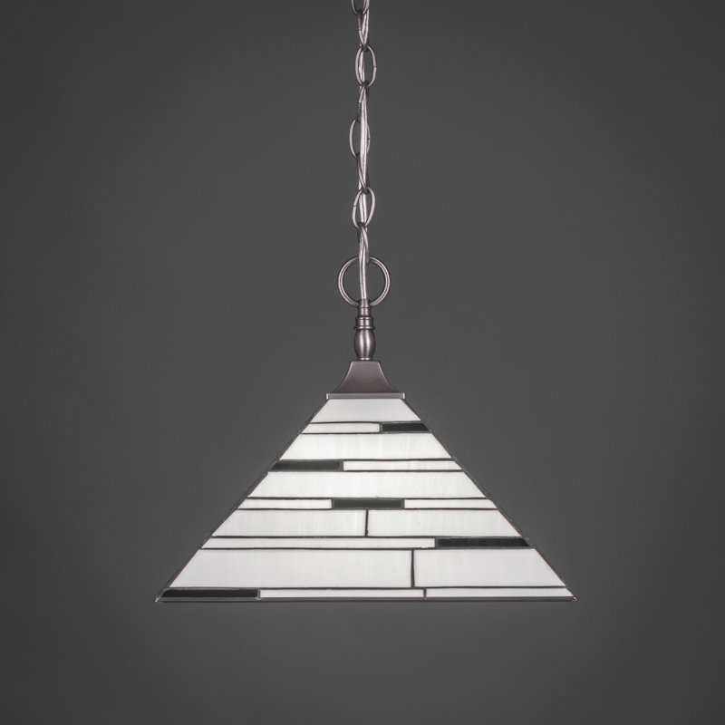 Chain Hung Pendant With Square Fitter Shown In Black Copper Finish With 14" Pearl Ebony Art Glass, Brushed Nickel