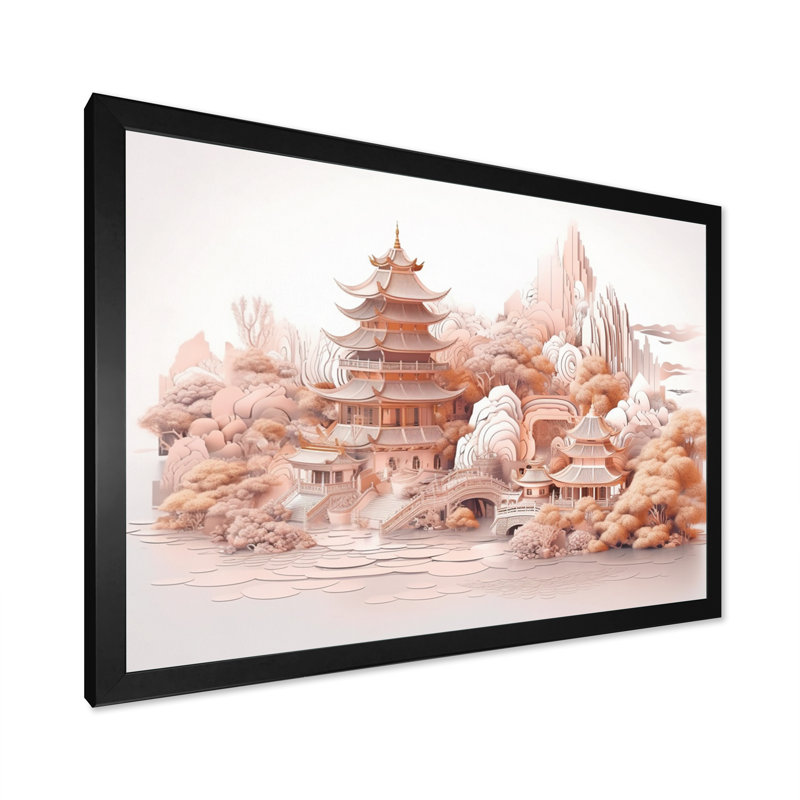 Asian Mountain And Lake Illustration I, reproduction d'art sur toile, H 16 po x l 32 po x P 1 po, Cadre photo noir