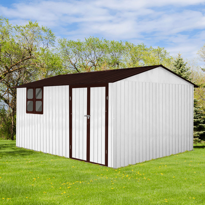 Metal Garden Sheds 12Ftx10ft Outdoor Storage Sheds White+Black With Window With Sliding Door, White/Dark Brown