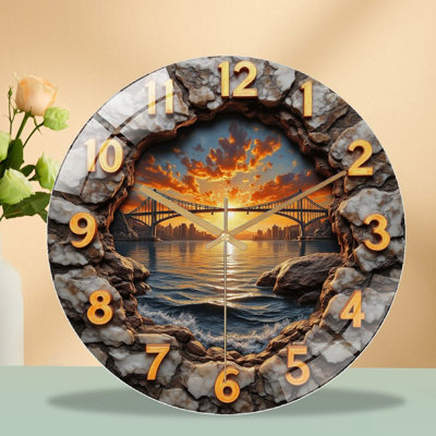 Horloge murale ronde avec pont coucher de soleil, art moderne 12 po