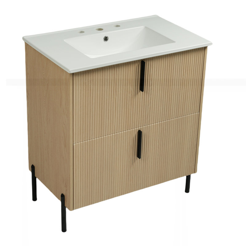 Meuble-lavabo 30 po avec lavabo en céramique et tiroirs pleine extension, Naturel