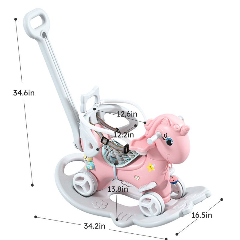 Cheval à bascule rose, balade à vélo d'équilibre avec cheval de démonstration
