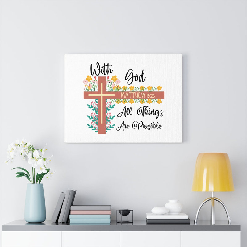 With God Matthew 19:26 Flower Cross - Wrapped Canvas Print, 46cm H x 61cm W