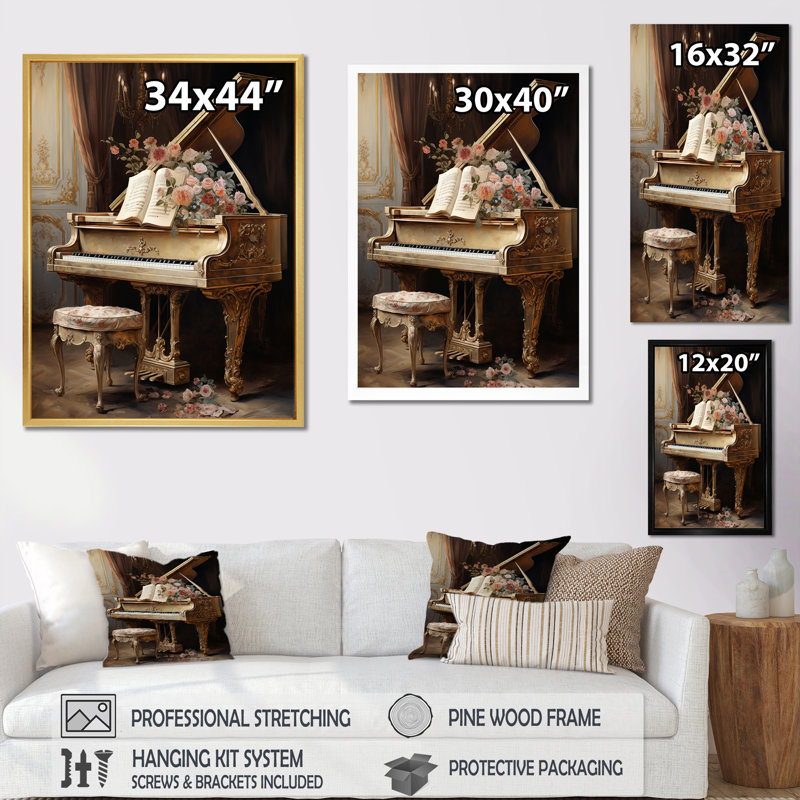 «French Baroque Piano Brilliance I - Décoration murale encadrée musique, Cadre flottant noir, H 44 po x l 34 po x P 1,5 po
