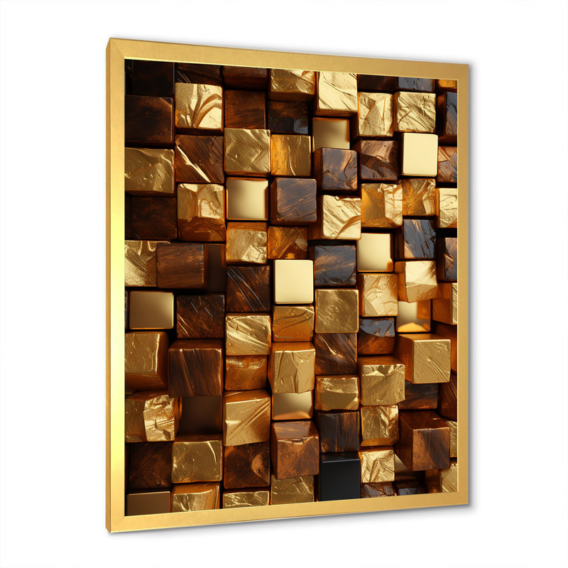 Or abstrait cubes II - art mural géométrique, Cadre doré simple, H 32 po x l 24 po x P 1 po