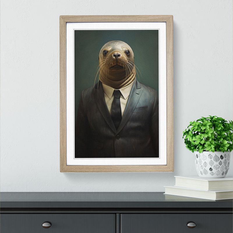 Sea Lion in a Suit Painting No.3 - Framed Print, 34cm H x 25cm W x 2cm D, Oak 