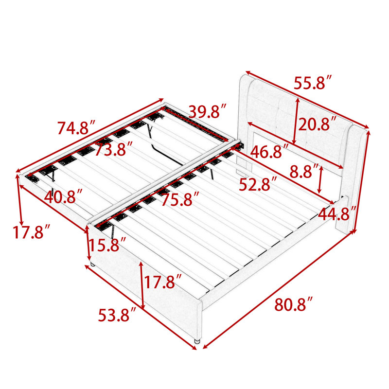 Lit plateforme double en lin avec lit gigogne multifonctionnel, Gris