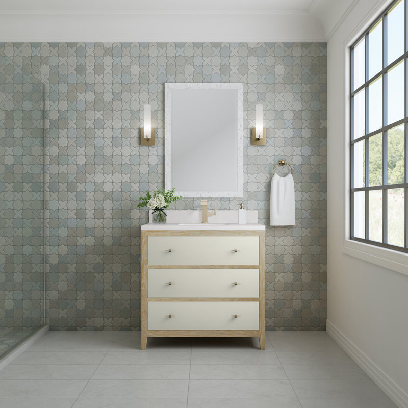 Celeste 36'' Single Bathroom Vanity with Solid Surface Top, White Zeus, Single Hole