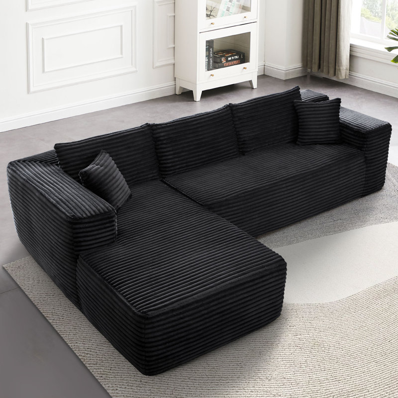 Canapé-lit 2 pièces avec coussin Kessas, Velours côtelé noir plus, Orienté vers la gauche